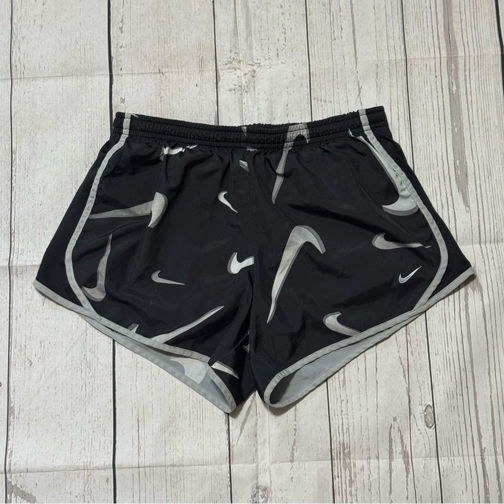 Nike Tempo Dri-Fit youth girls L black gray all over swoosh print running shorts